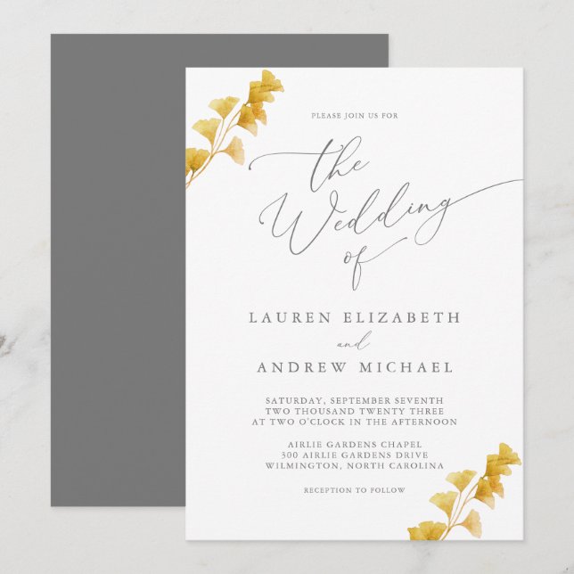 Siver Grey Gold Watercolor Wedding Invitation (Front/Back)