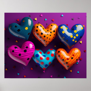 Six 3D hearts on purple background Poster