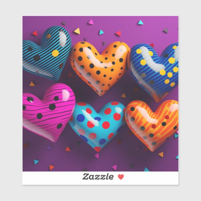 Six 3D hearts on purple background Vinyl Sticker (Sheet)