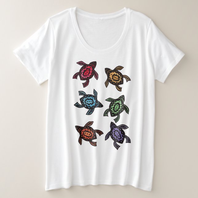 Six Abstract Black Turtles Colourful Shells Plus Size T-Shirt (Design Front)