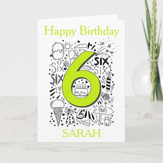 Six age 6th green birthday card (Front)