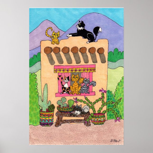 Six Cats at an Orange Adobe House Poster (Front)