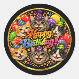 Six Cats Wishing You a Happy Birthday with Joy Classic Round Sticker