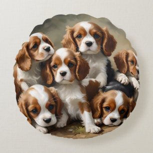 Six Cavalier Spaniel Puppies Just To Cute, Round Cushion
