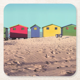 Six Colourful Beach Hut Cape Town, South Africa Square Paper Coaster