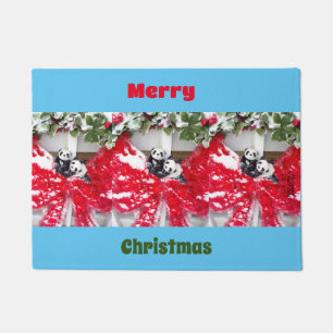 Six Darling Pandas at Christmas Doormat