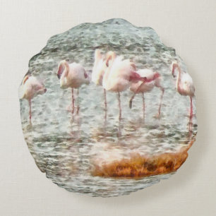 Six Flamingos A Wading Watercolor Round Cushion