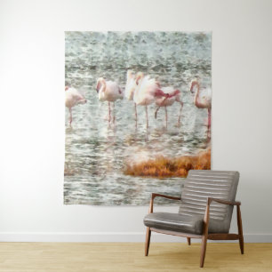 Six Flamingos A Wading Watercolor Tapestry