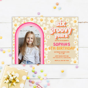 Six Groovy Retro Daisy Photo Birthday Invitation –
