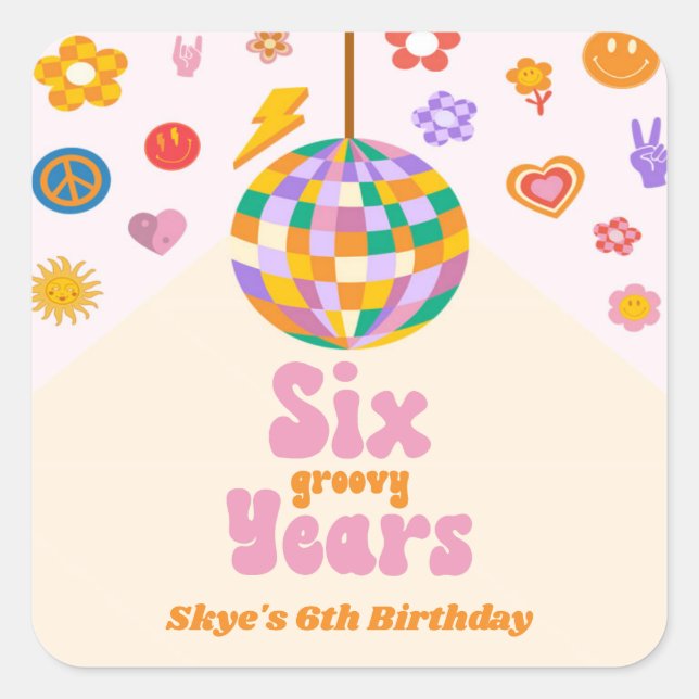 Six Groovy Years Disco Ball 6th Birthday Party Square Sticker (Front)