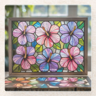 Six Hibiscus Flowers Stained Glass Coaster