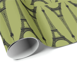Six Inch Black Eiffel Towers on Olive Green Wrapping Paper