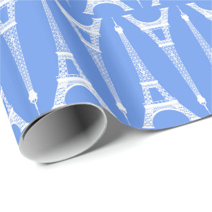 Six Inch White Eiffel Towers on Cornflower Blue Wrapping Paper