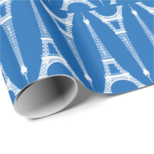 Six Inch White Eiffel Towers on Turquoise Blue Wrapping Paper