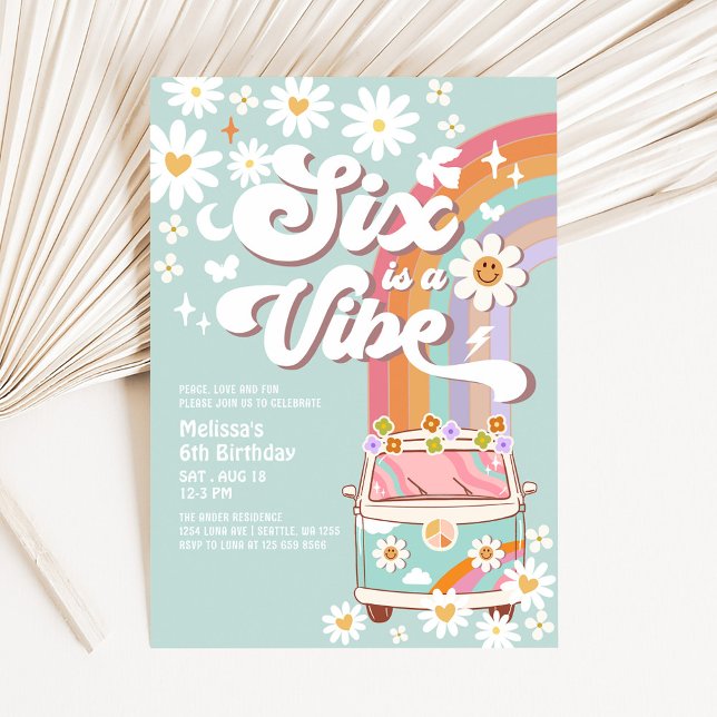 SIX is a Vibe Daisy Rainbow Groovy 6th Birthday Invitation (Creator Uploaded)