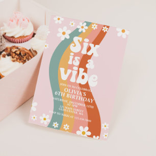 Six is a Vibe groovy daisy rainbow 6th birthday Invitation
