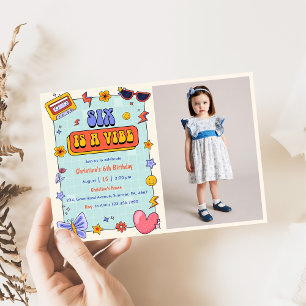 Six Is A Vibe Groovy Hippie 6th Birthday Photo  Invitation