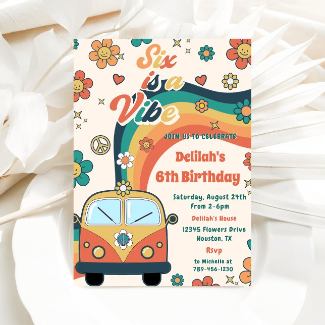 Six Is A Vibe Groovy Retro Floral 6th Birthday Invitation (Creator Uploaded)