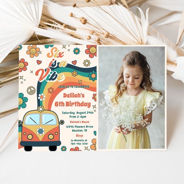 Six Is A Vibe Groovy Retro Floral 6th Birthday  Invitation (Creator Uploaded)