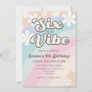 Six is a Vibe Groovy Retro Rainbow Daisy Invitation