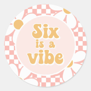 Six is a Vibe Pink Daisy Chequered Classic Round Sticker