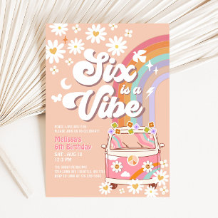 Six is a Vibe Pink Daisy Rainbow Van Birthday Invitation