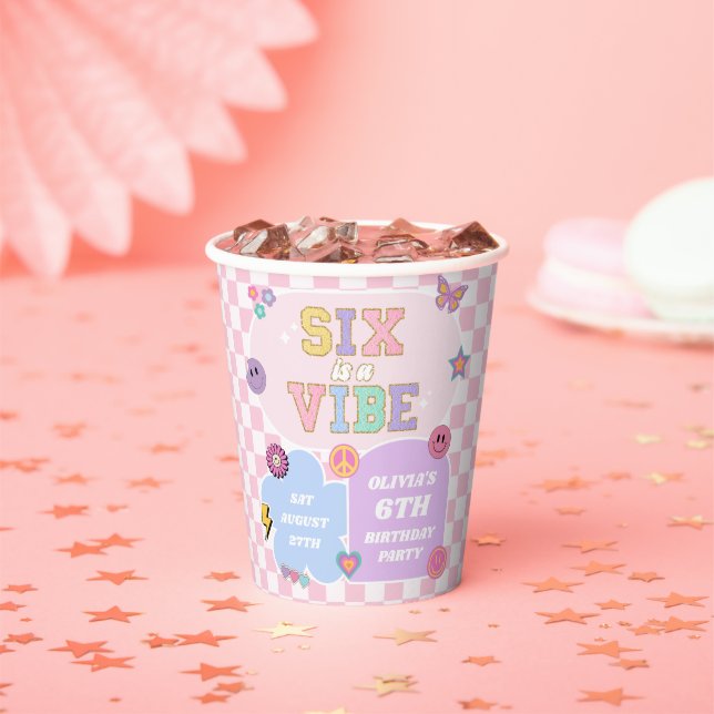 Six Is A Vibe Preppy Patch 6th Birthday Party Paper Cups (Insitu)