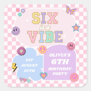Six Is A Vibe Preppy Patch 6th Birthday Party Square Sticker