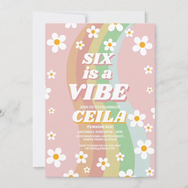 Six is a Vibe Retro 6th Groovy Pink Girl 1970s Invitation (Front)
