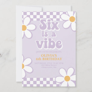 Six is a Vibe Retro Check Lilac Daisy Invitation