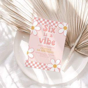 Six is a Vibe Retro Check Pink Daisy Invitation