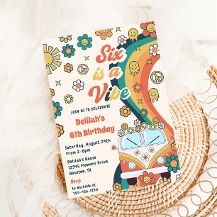 Six Is A Vibe Retro Floral 6th Birthday Party Invitation