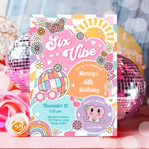 Six is a Vibe Retro Groovy Preppy Varsity Birthday Invitation