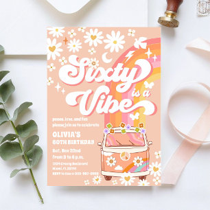 Six Is A Vibe Retro Hippie Rainbow 6th Birthday Invitation