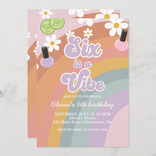Six is a vibe Spa Rainbow 6th Birthday Invitation (Front/Back)
