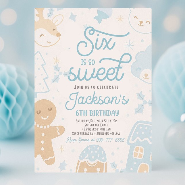 Six Is So Sweet Boy Christmas Cookie Birthday Part Invitation (Six Is So Sweet boy Christmas cookie birthday party with festive holiday décor, colorful cookies, an)