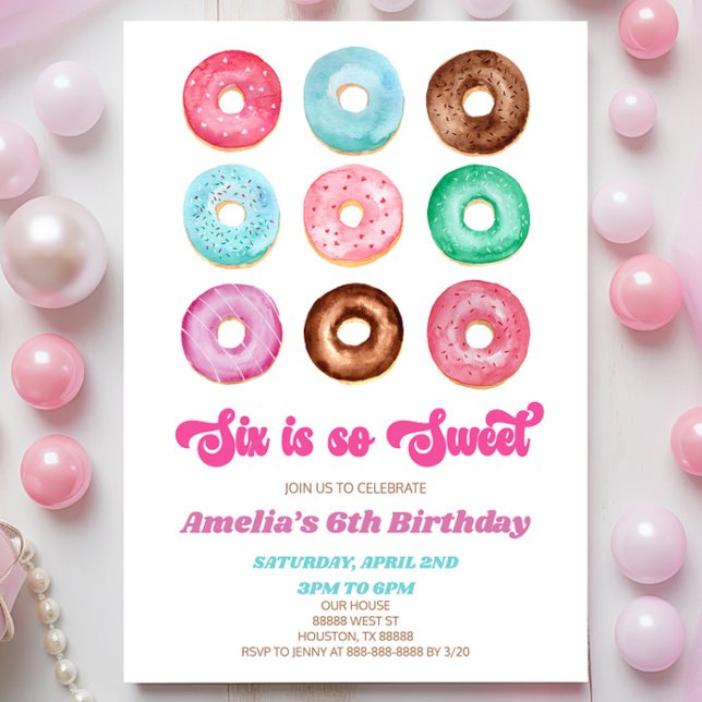 Six Is So Sweet Doughnut Sprinkle 6th Birthday Par Invitation (Creator Uploaded)