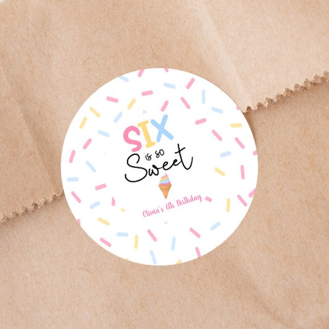 Six Is So Sweet Ice Cream 6th Birthday Party Classic Round Sticker (Creator Uploaded)