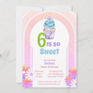 Six is Sweet Rainbow Cupcake Sixth Birthday Invitation