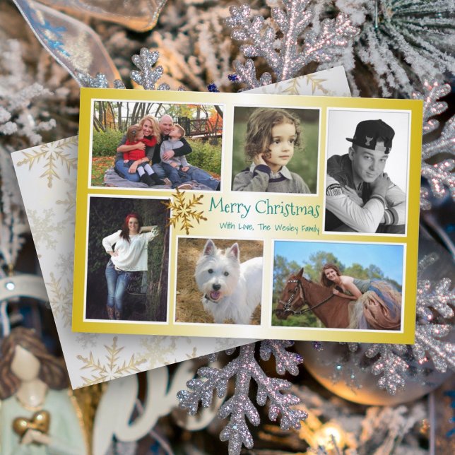Six Photo Collage Family Christmas Gold Holiday Card (Creator Uploaded)