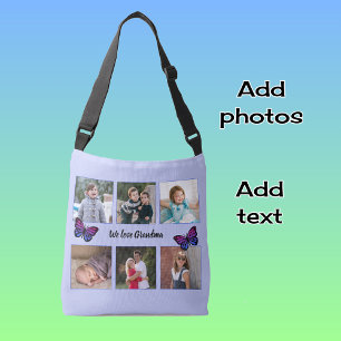 Six photos custom text butterflies blue crossbody bag