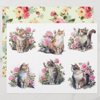 Six Pretty Watercolor Cats in a Bed of Pink Roses