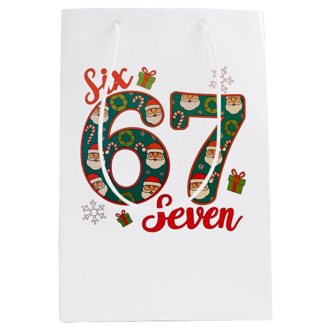 Six Seven 67 6 7 Meme Christmas Xmas Santa Hat Medium Gift Bag (Front)