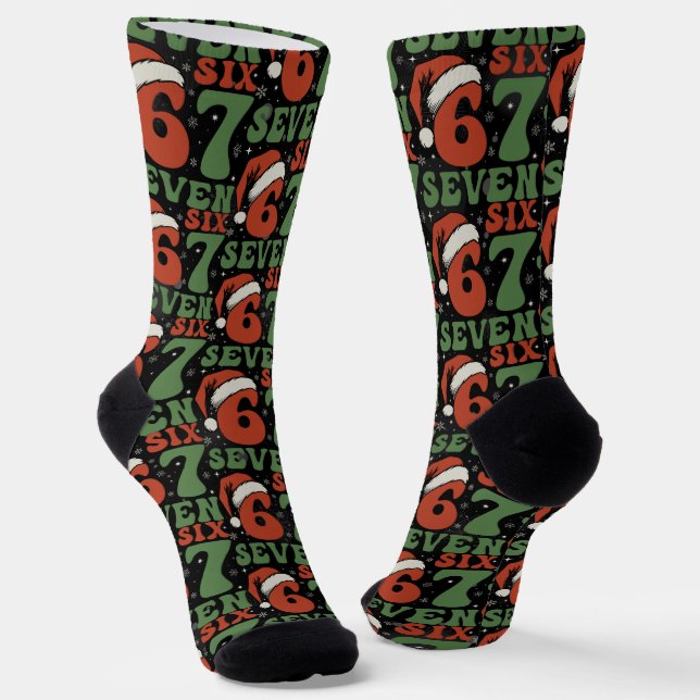 Six Seven 67 Funny Santa Hat Christmas Xmas Meme Socks (Angled)