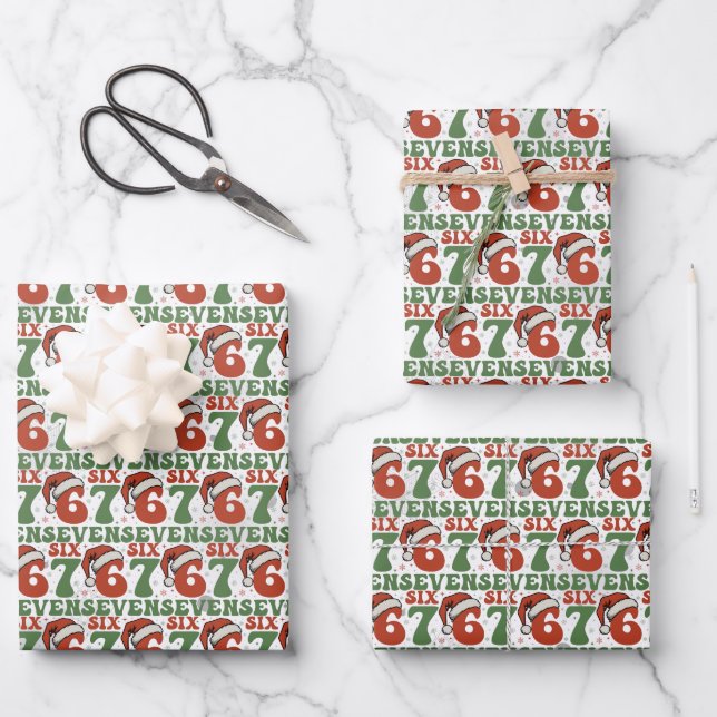 Six Seven 67 Funny Santa Hat Christmas Xmas Meme Wrapping Paper Sheet (Front)