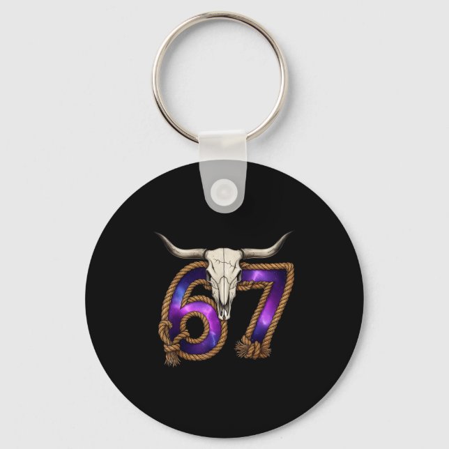 Six Seven 67 Meme Funny Western Cowboy Bull Skull  Key Ring (Front)