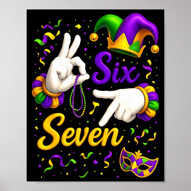Six Seven 6 7 Meme Mardi Gras Jester Hand Sign Fat (Front)