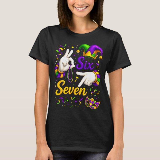 Six Seven 6 7 Meme Mardi Gras Jester Hand Sign Fat T-Shirt (Front)