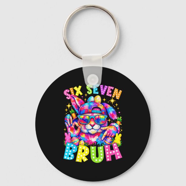 Six seven bruh easter bunny face tie dye glasses key ring (Front)