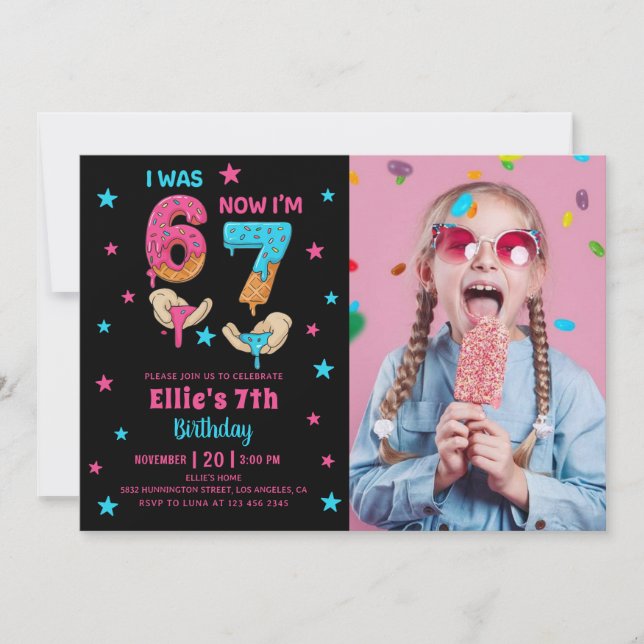 Six Seven Girl Birthday Photo Invitation (Front)